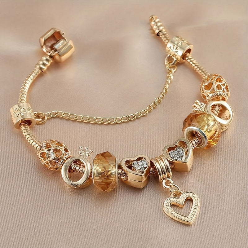 1pc Alloy Exquisite Golden Bracelet DIY Color Preserving Plating Fashionable Love Beads Charm Bracelet Valentine's Day Gift Jewelry Accessories